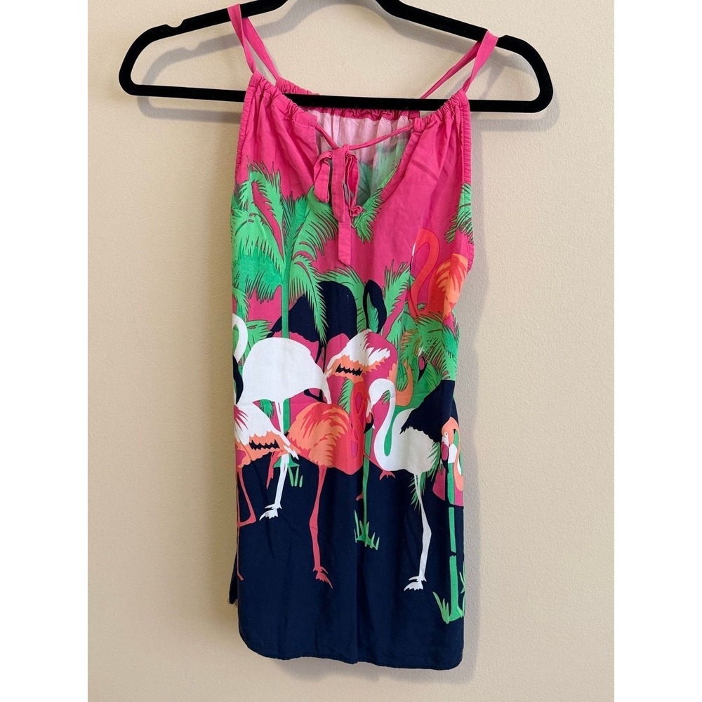 Crown & Ivy Womens Flamingo Palm Tree Tank Top Cami Keyhole Tropical Pink Blue